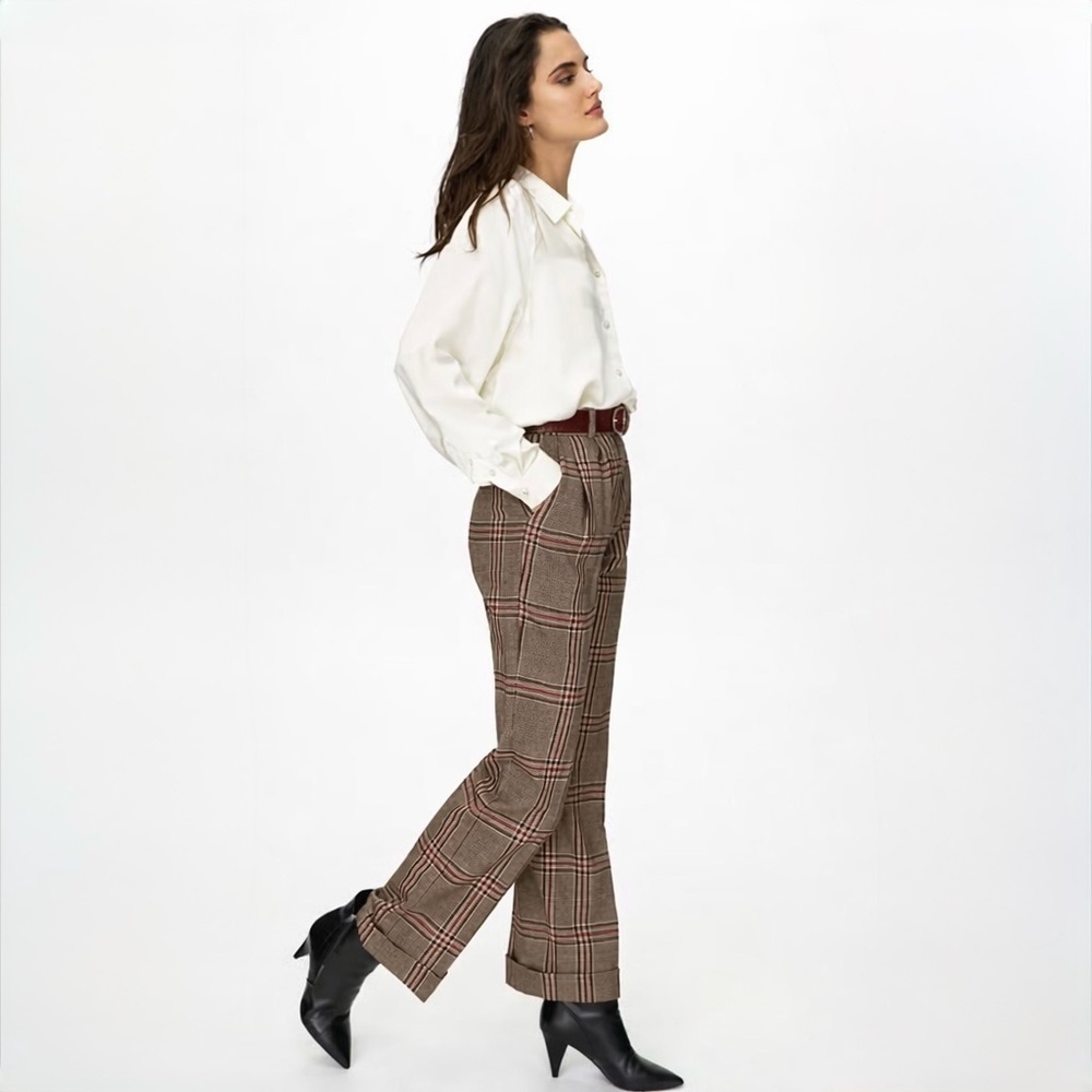 Wilfred Davita Plaid Wool Pants High Rise Cuffed Cropped Brown Check Trouser 0 - Picture 13 of 14